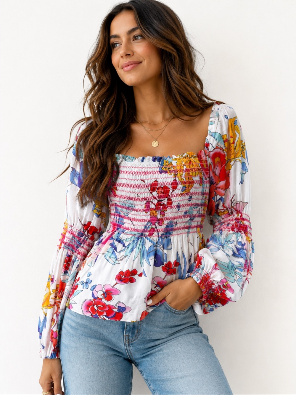 Hale Bob Silky Floral Smocked Peasant Blouse XS White Boho Top